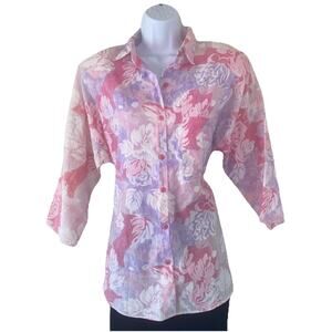 VTG Best Blouse Women M Pink Floral Boho Prairie Tropical Resort Fairy Blouse